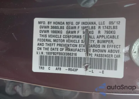 2012 Honda Civic Lx из США, поврежденный, VIN 19XFB2F55CE066316